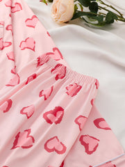 Heart Print Pajama Set Long Sleeve Buttons Top & Elastic Waistband Pants