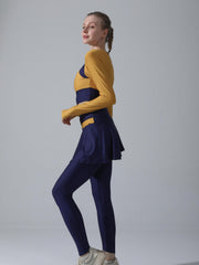 2pcs Block Yoga Sports Set Long Sleeve Thumb Hole Shirt & Skorts Leggings