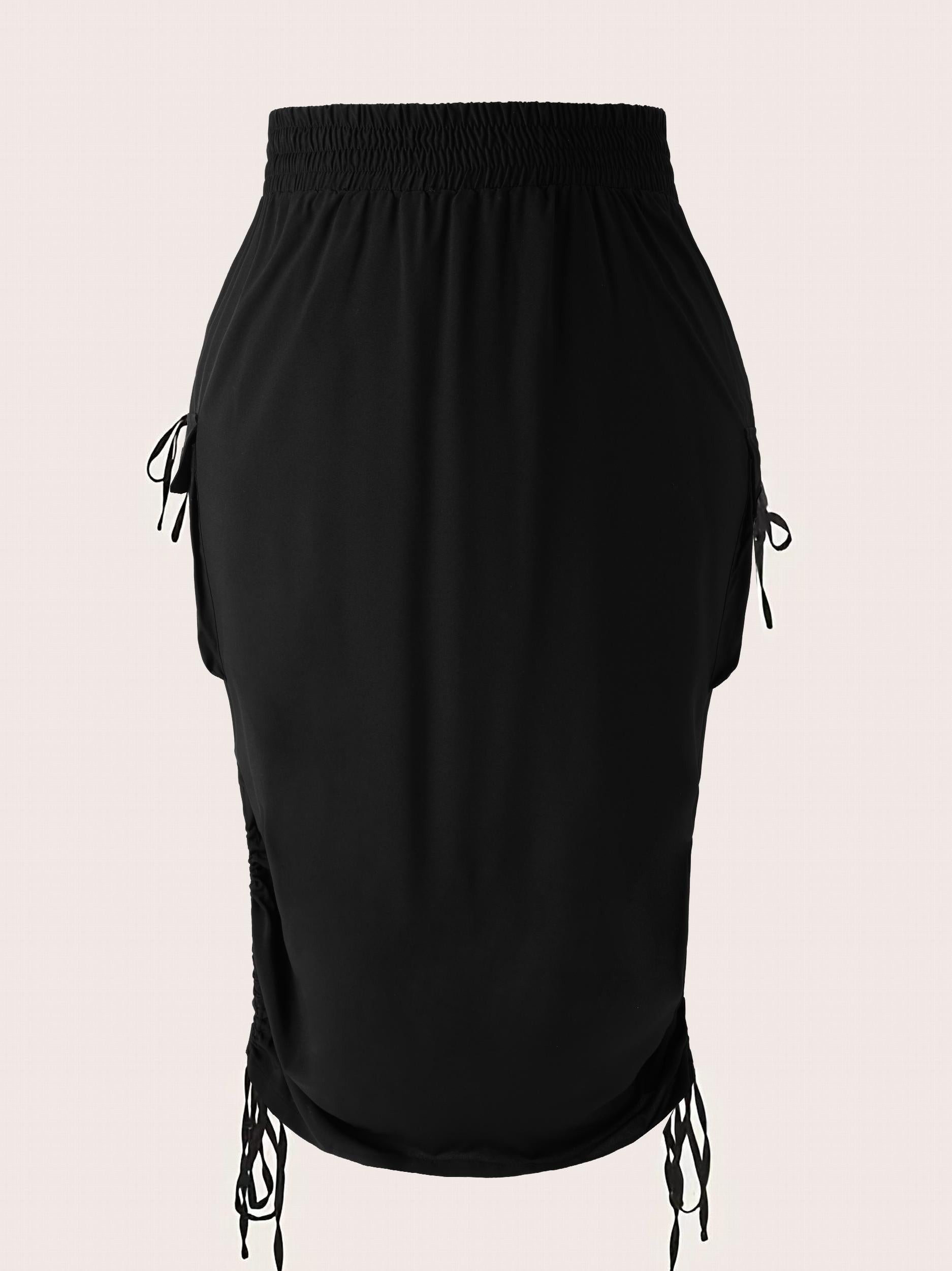 Solid Elastic Side Ruched Tie Maxi Cargo Skirt