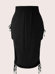Solid Elastic Side Ruched Tie Maxi Cargo Skirt