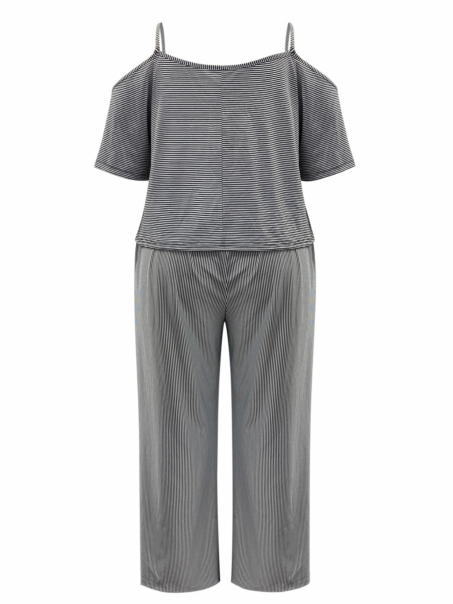 Stripe Print Cold Shoulder Top & Wide Leg Pants 2 Piece Set