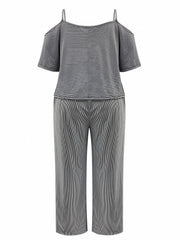 Stripe Print Cold Shoulder Top & Wide Leg Pants 2 Piece Set