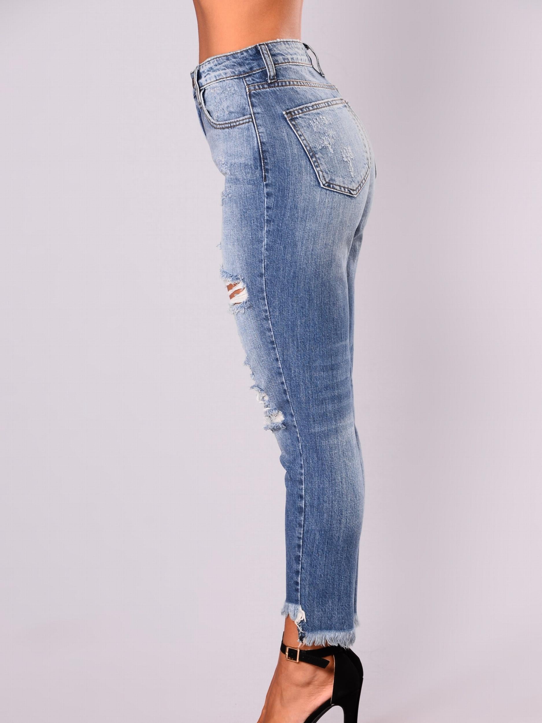 Solid Ripped Button Fly High Rise Tapered Leg Jeans