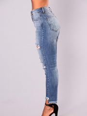 Solid Ripped Button Fly High Rise Tapered Leg Jeans