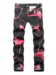 Lightning Pattern Dye Jeans Casual Loose Fit Denim Pants