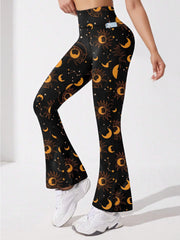 Moon & Star Print Flared Yoga Pants High Stretch Sports Trouser