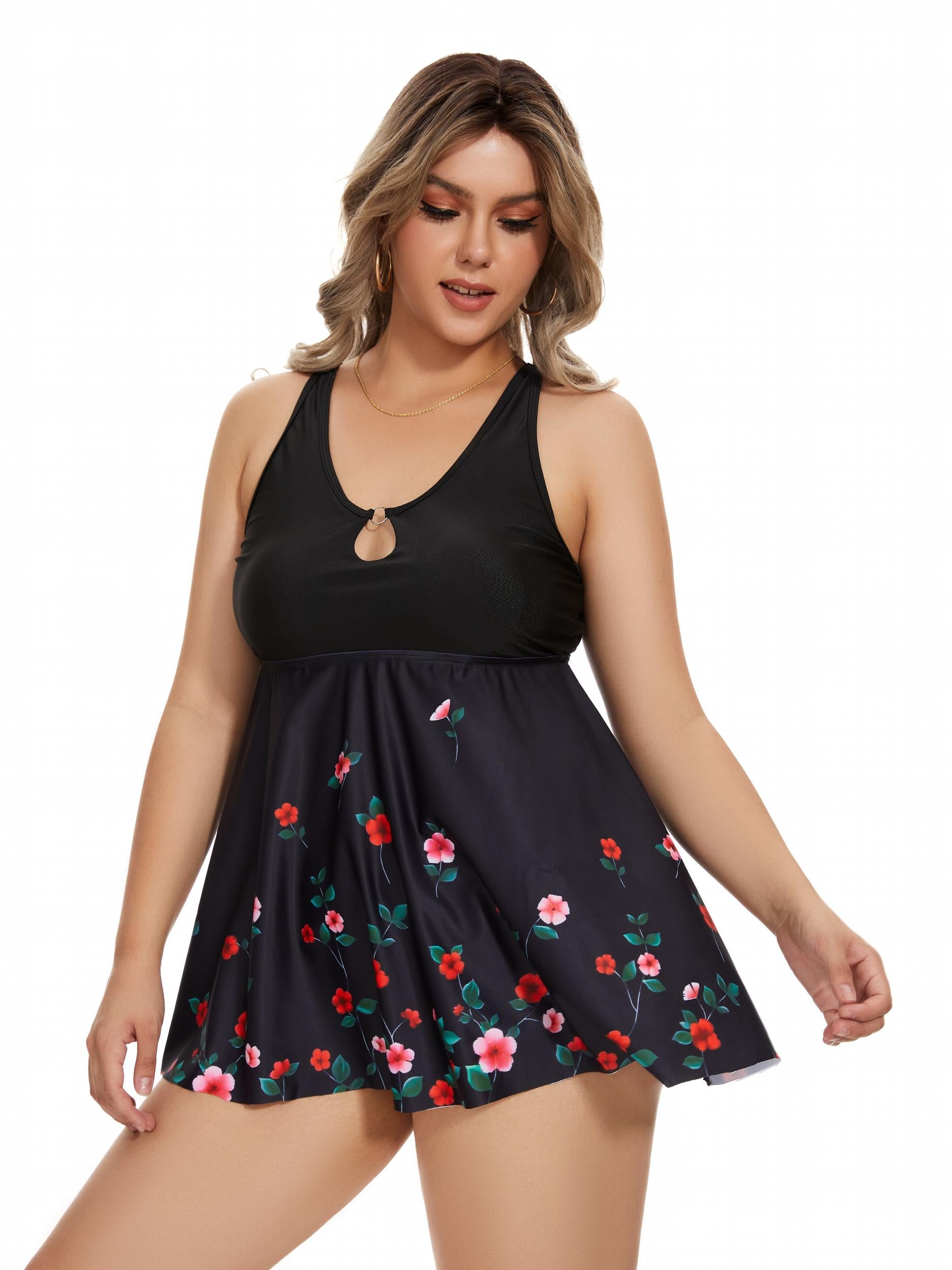 Floral Print Keyhole Ring Tankini Set Women's Plus Swimsuit