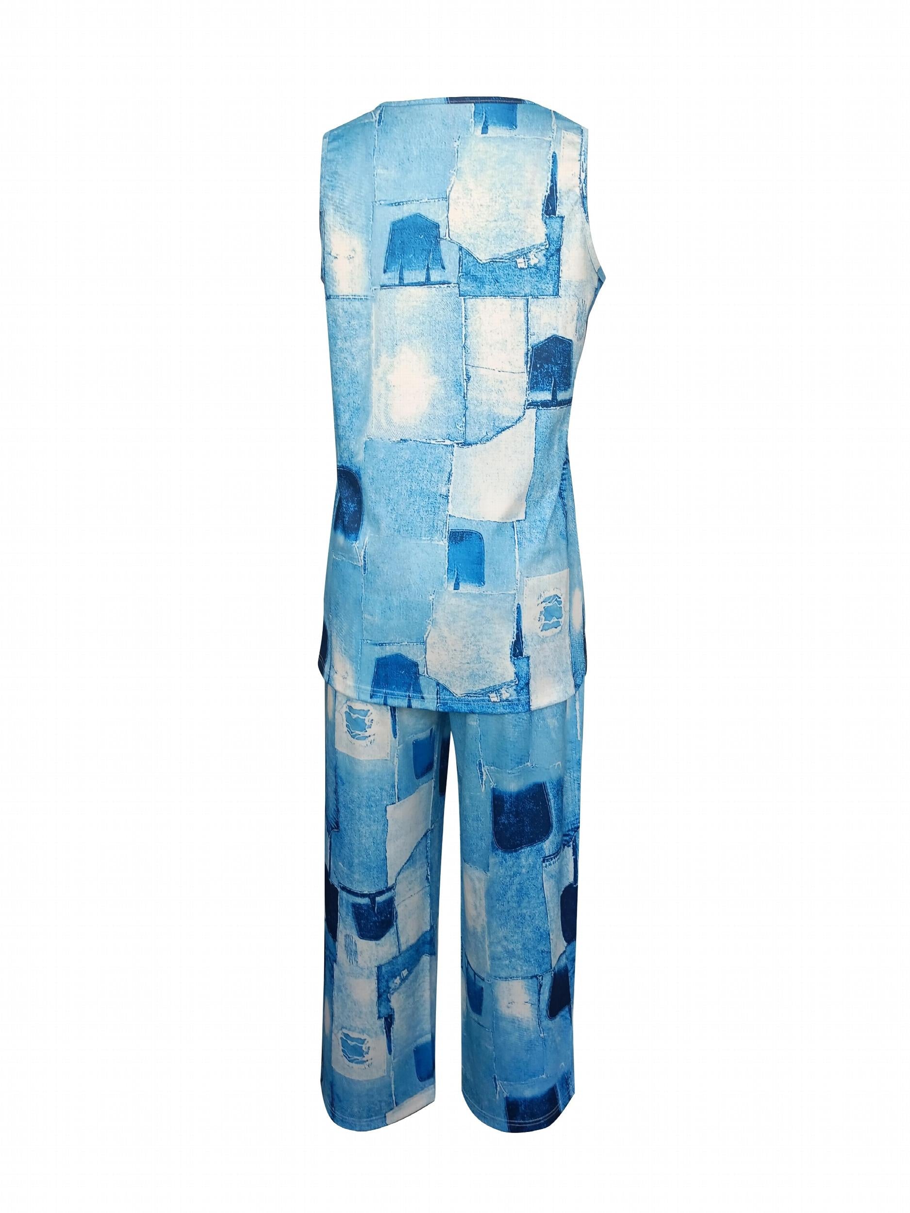Patchwork Print Two piece Set Casual Sleeveless Tank Top & Wide Leg Pants