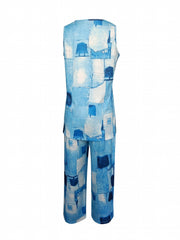 Patchwork Print Two piece Set Casual Sleeveless Tank Top & Wide Leg Pants