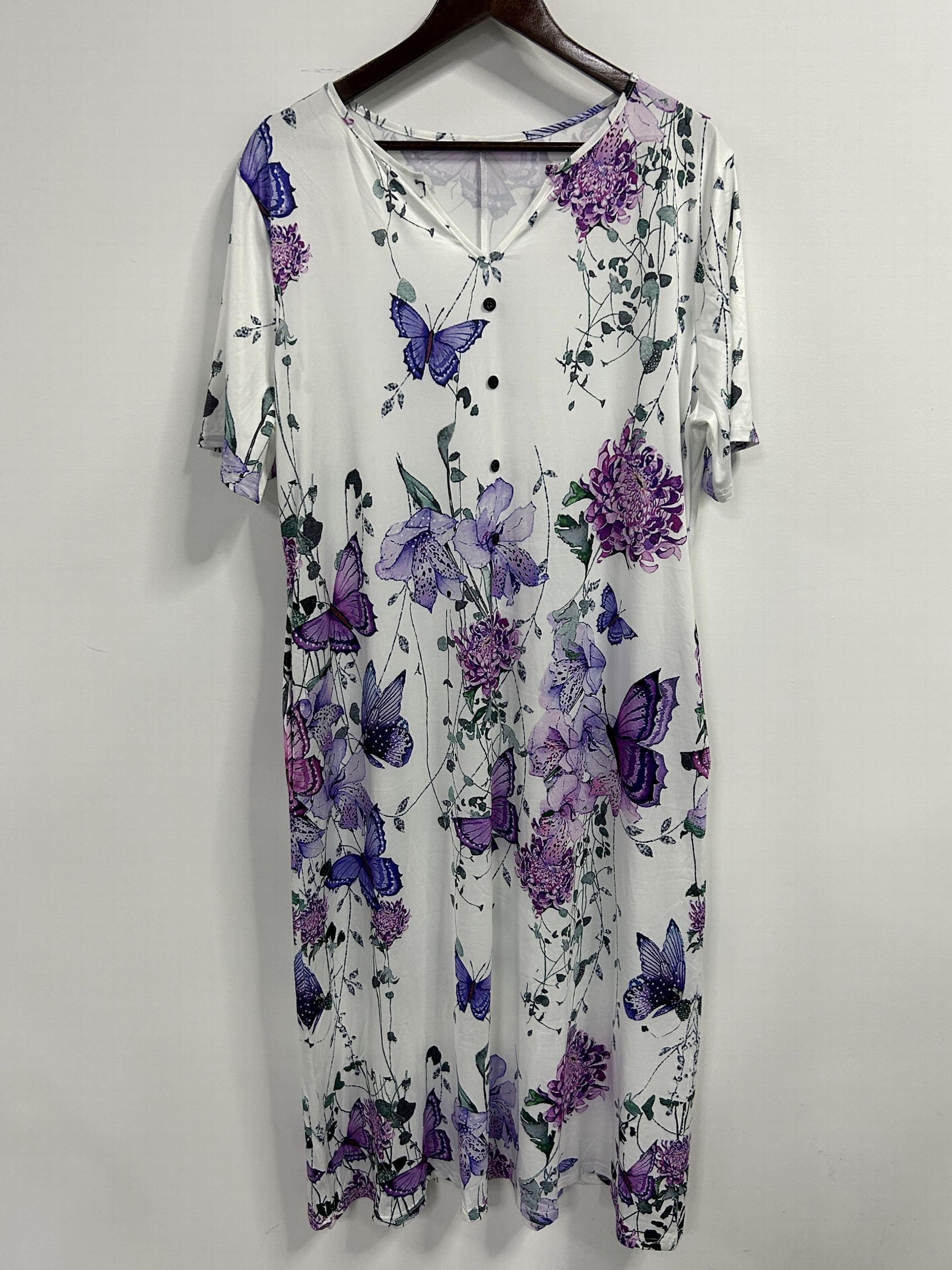 Butterfly & Floral Print Button Decor Midi Dress