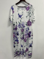 Butterfly & Floral Print Button Decor Midi Dress
