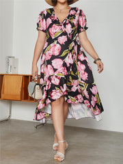 Floral Print Puff Sleeve Wrap Dress