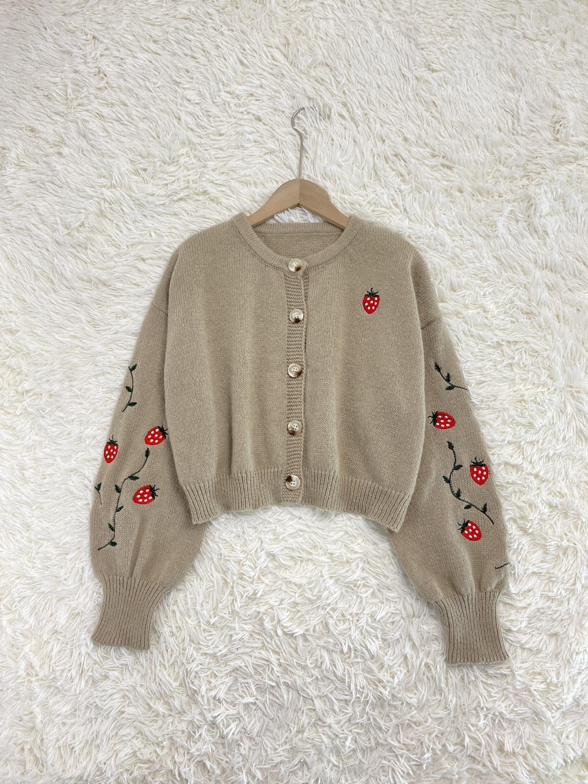 Strawberry Embroidered Crop Cardigan Crew Neck Long Sleeve