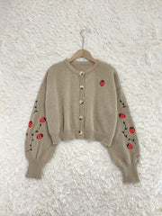 Strawberry Embroidered Crop Cardigan Crew Neck Long Sleeve