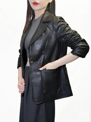 PU Leather One Button Blazer Long Sleeve Work Outerwear