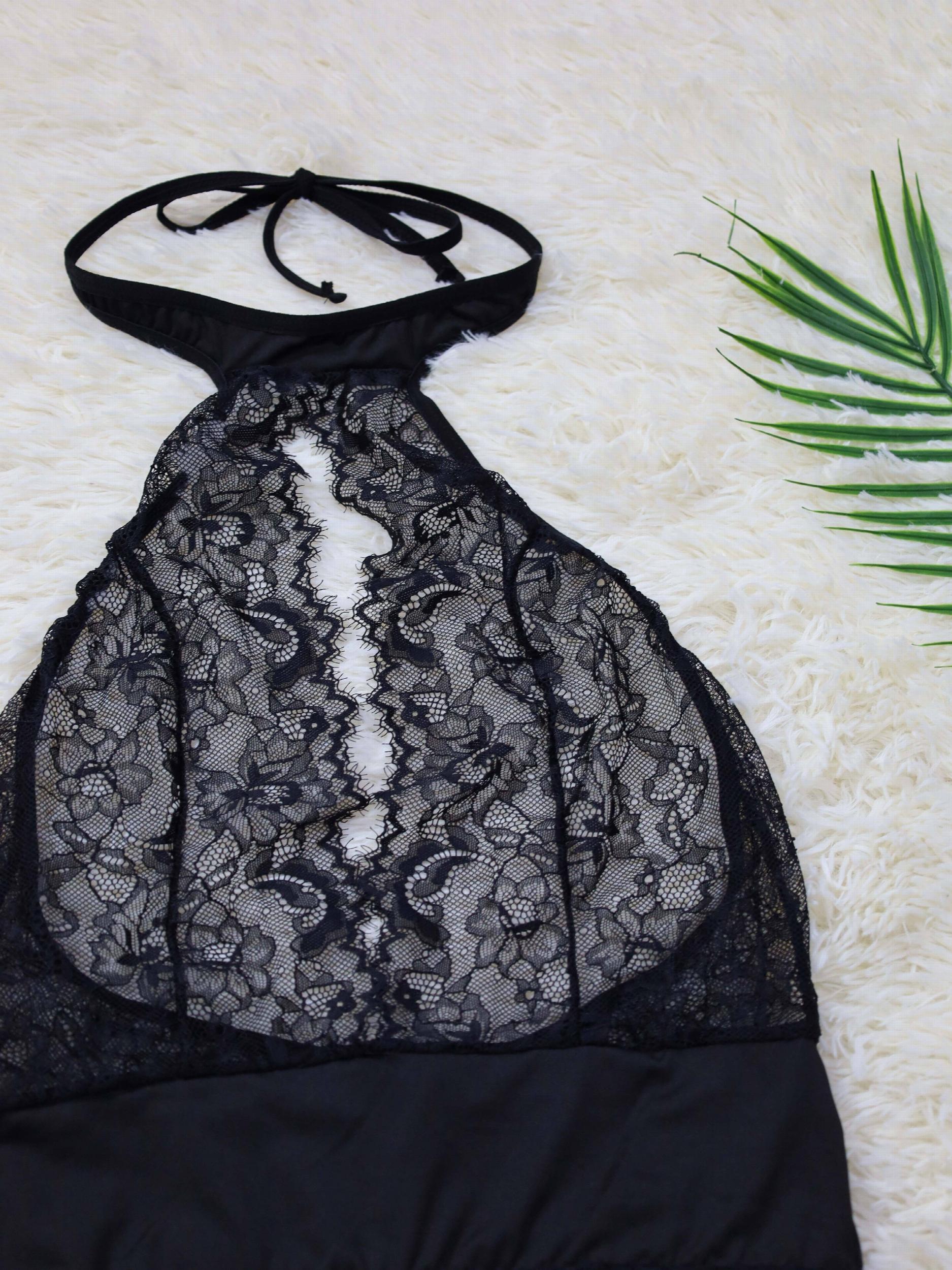 Floral Lace Plunging Teddy Halter Backless Bodysuit