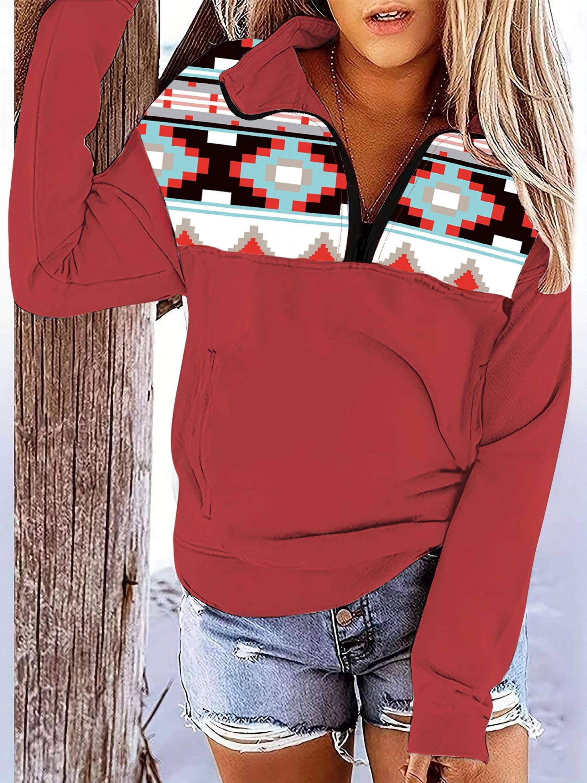 Boho Pattern Stitching Long Sleeve Zip Up Pockets Hoodie