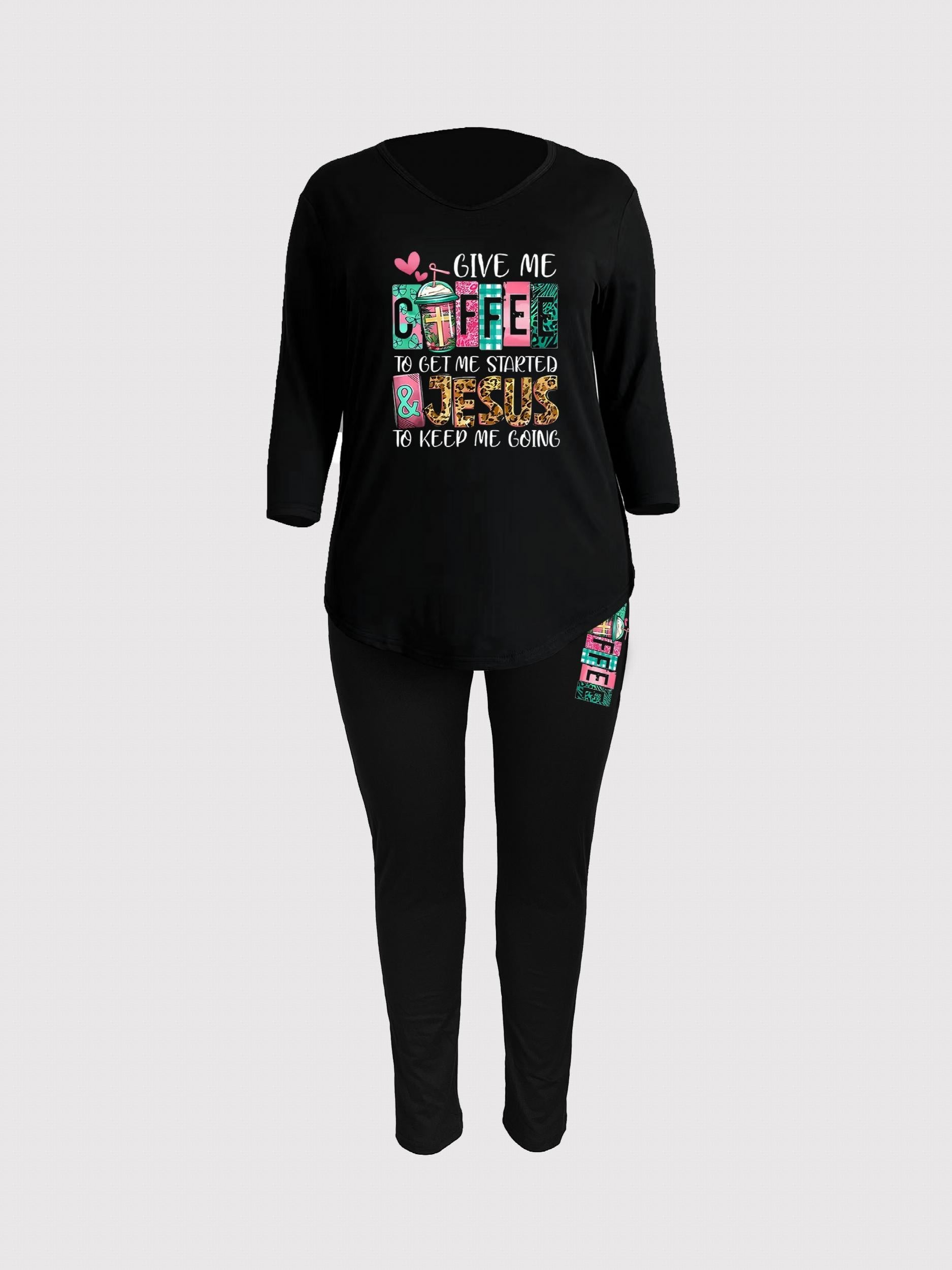 Plus Size Women's Casual 2 Piece Set Long Sleeve V Neck Top & Leggings