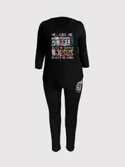 Plus Size Women's Casual 2 Piece Set Long Sleeve V Neck Top & Leggings