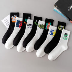 5pairs Cartoon Pattern Mid Calf Sports Socks Assorted Varieties