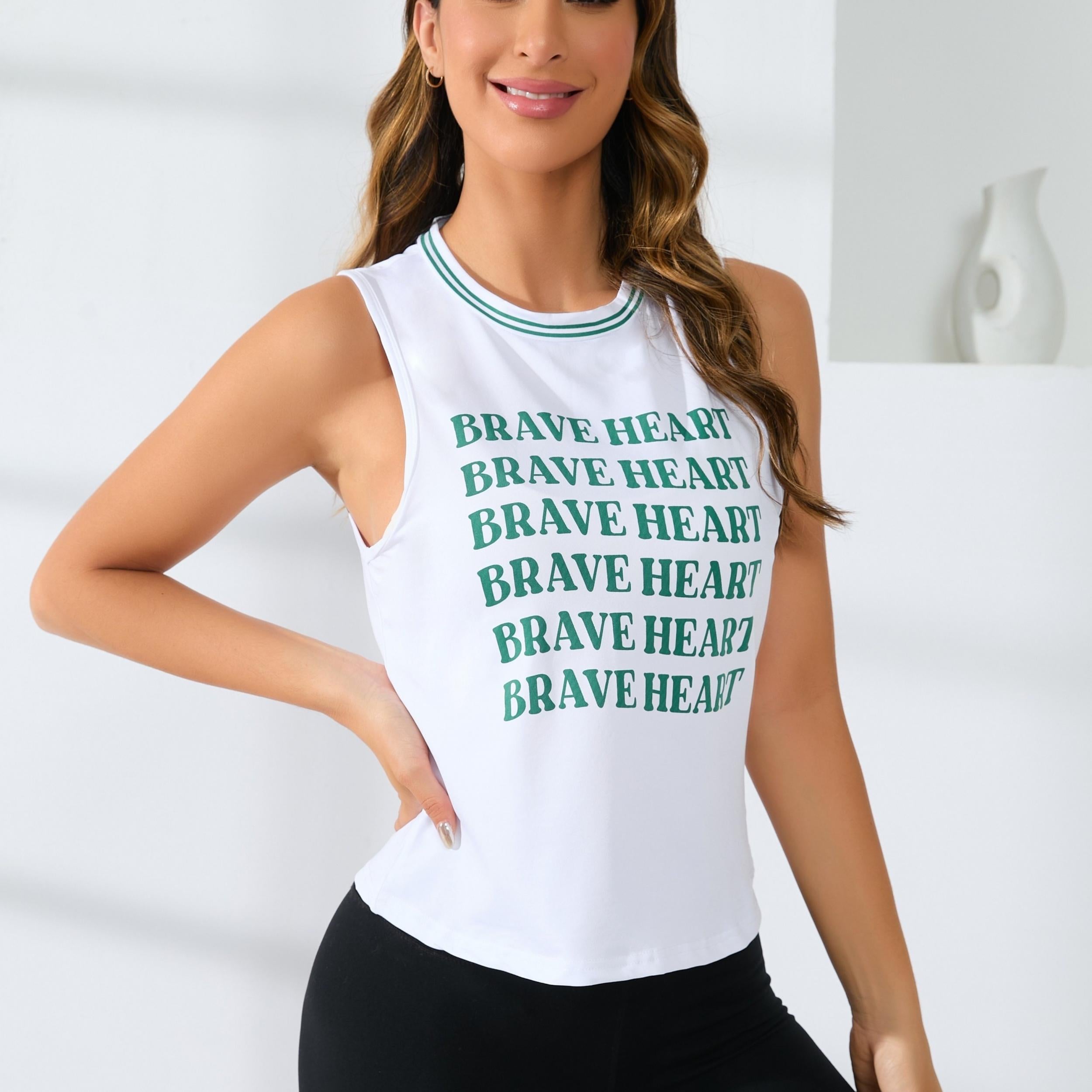 Letter Graphic Round Neck Sports Tank Top Sleeveless Workout Vest T shirt Women