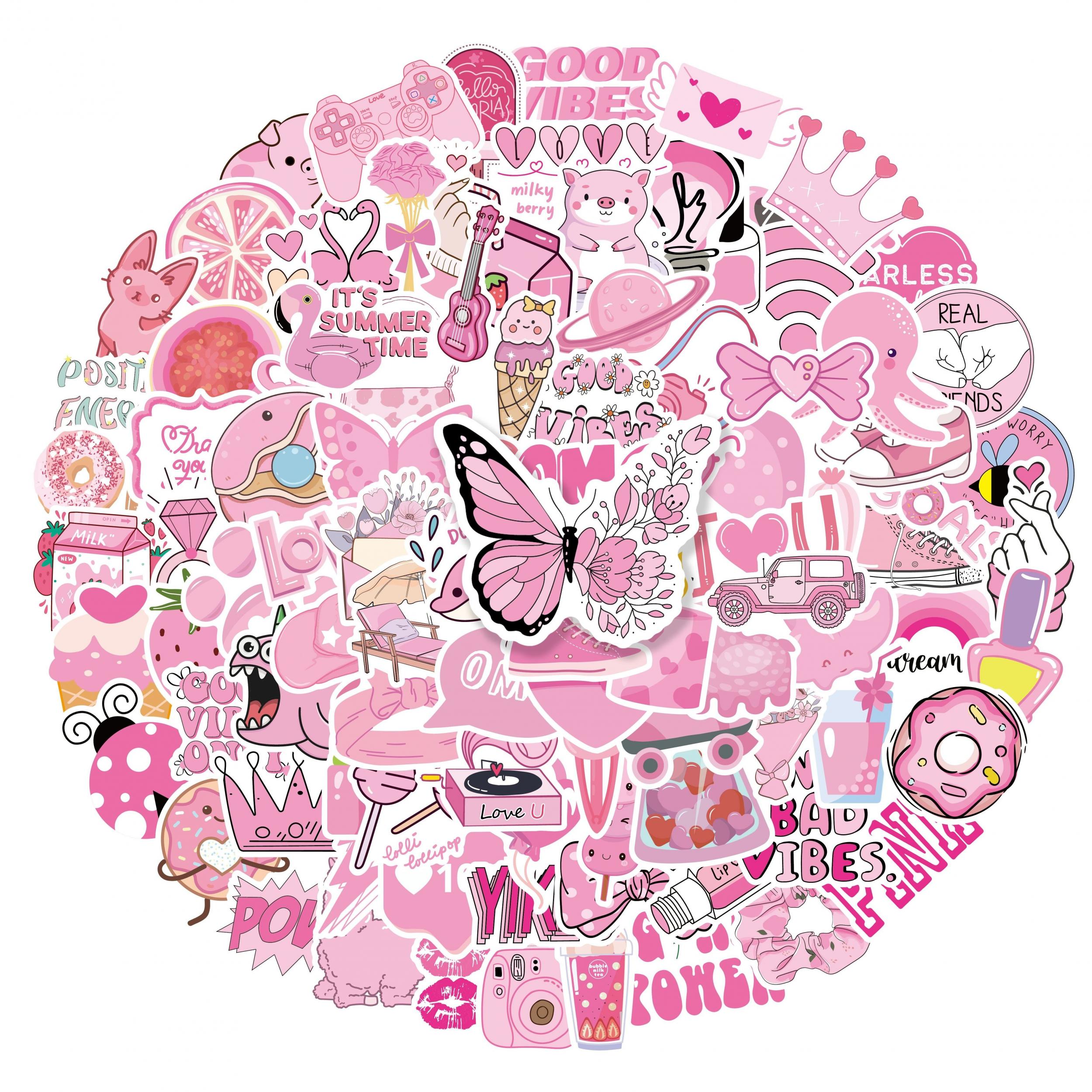 100 Pink Cartoon Vinyl Stickers for Water Bottles Laptop Luggage G