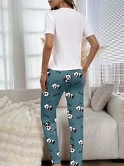 Panda Print Pajama Set Short Sleeve Top & Pants