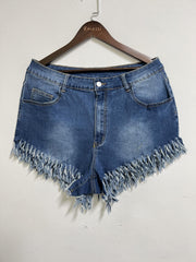 Washed Button Fly Denim Shorts with Fringe Trim