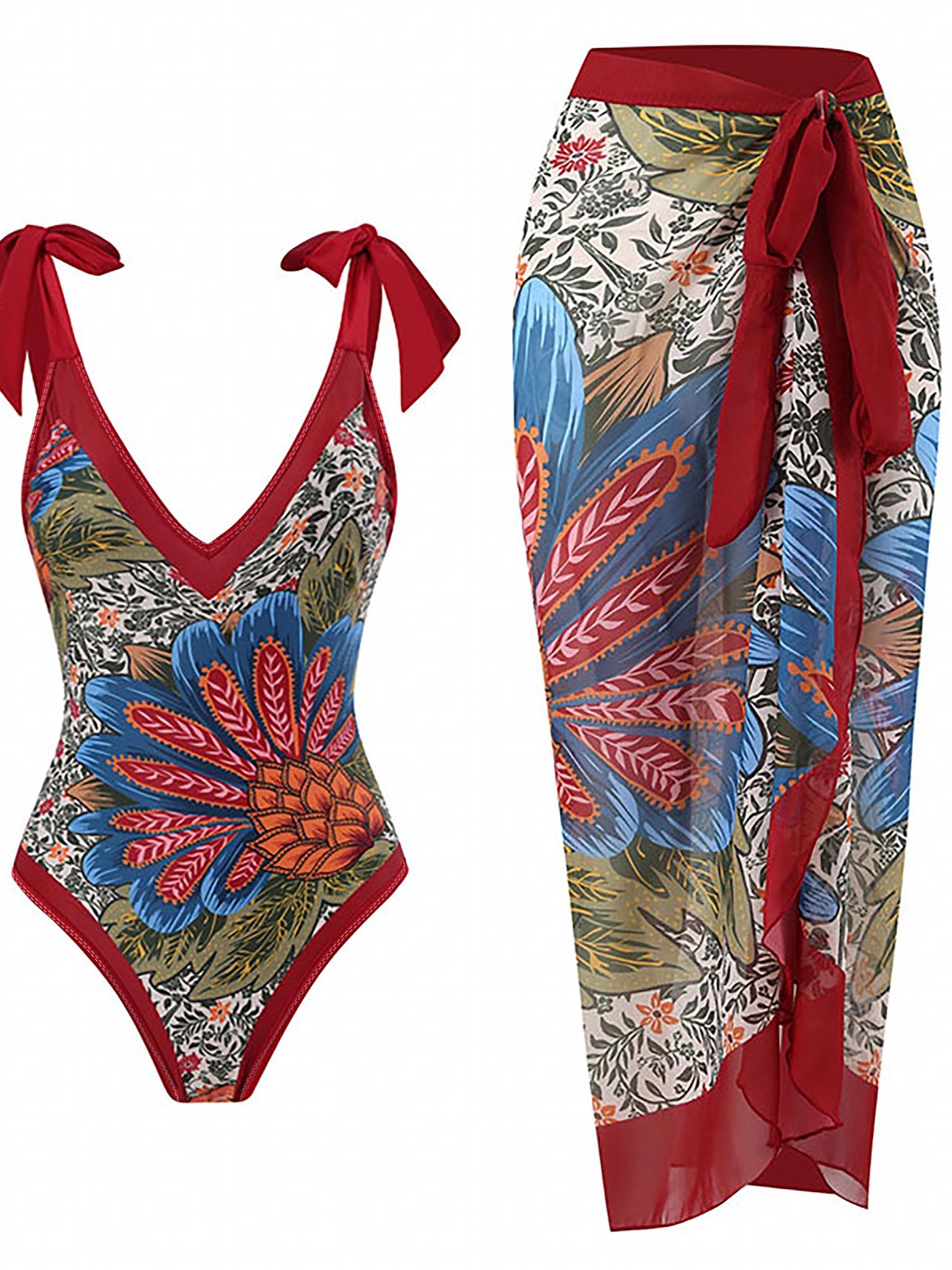 Floral Print Tie Shoulder One Piece Swimsuit & Wrap Maxi Cover Up Dress