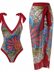 Floral Print Tie Shoulder One Piece Swimsuit & Wrap Maxi Cover Up Dress