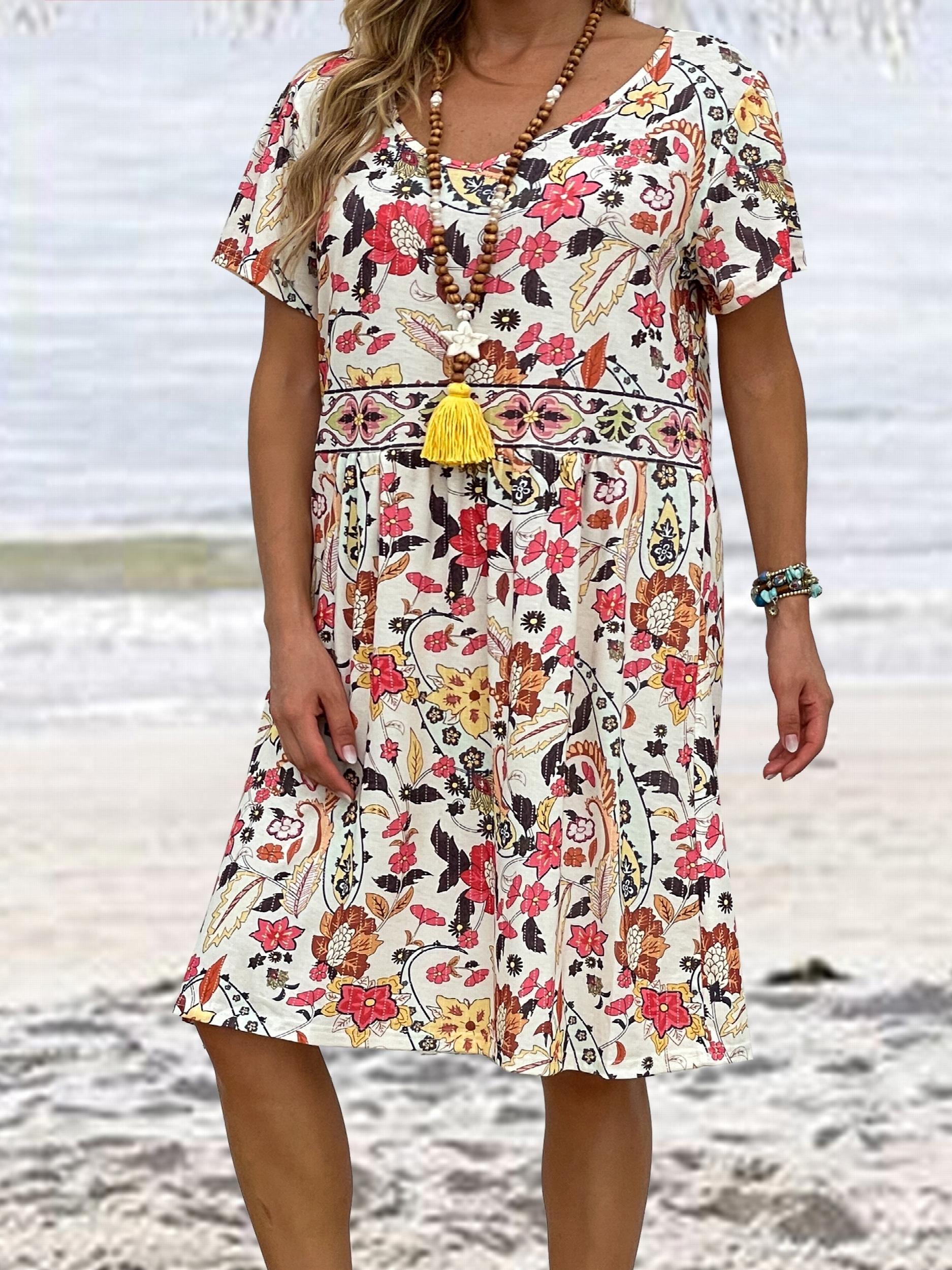 Boho Dress Women's Plus Floral Print Short Sleeve V Neck Midi Dress