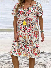 Boho Dress Women's Plus Floral Print Short Sleeve V Neck Midi Dress