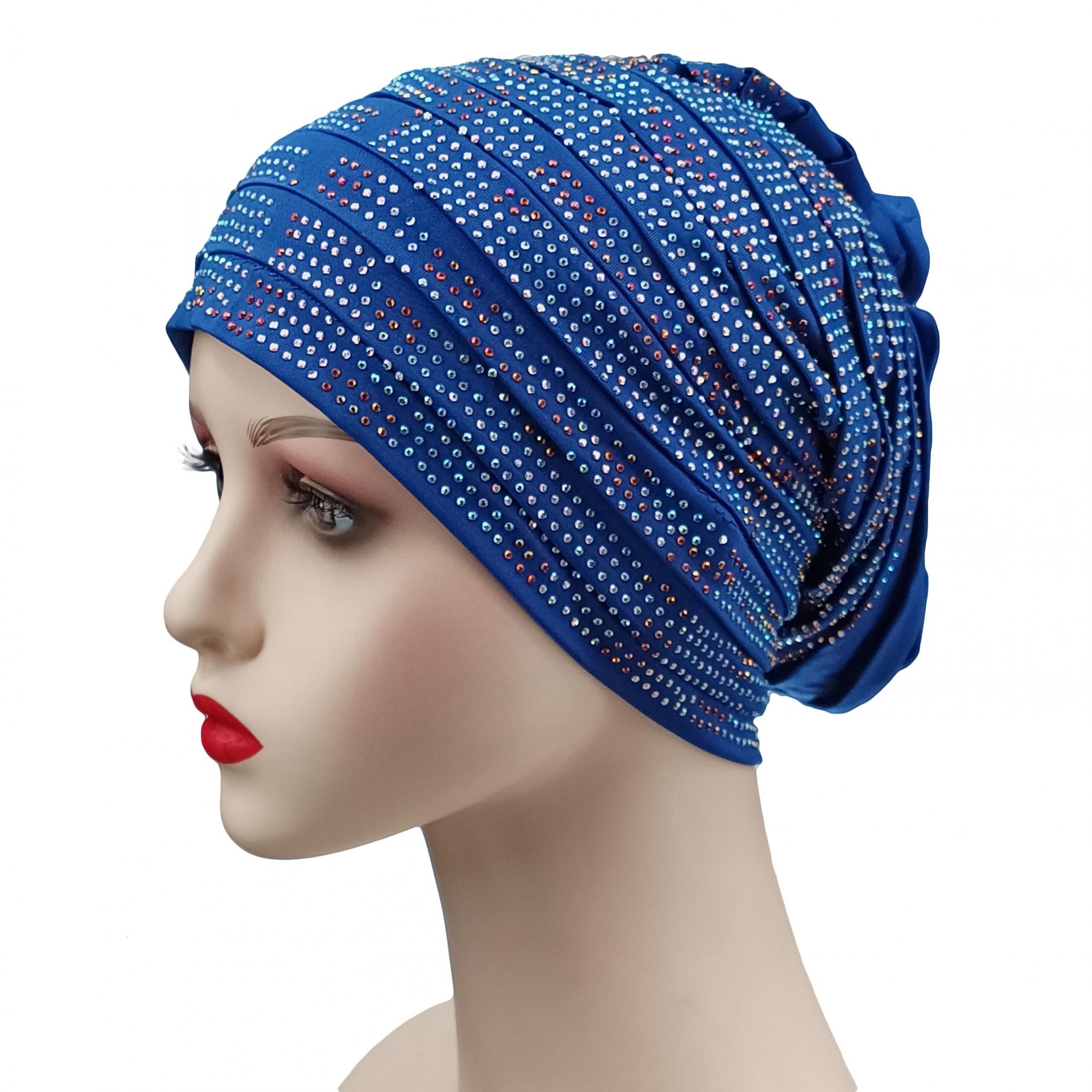 Pleated Turban Cap Rhinestone Beanie Elastic Head Wrap Bonnet
