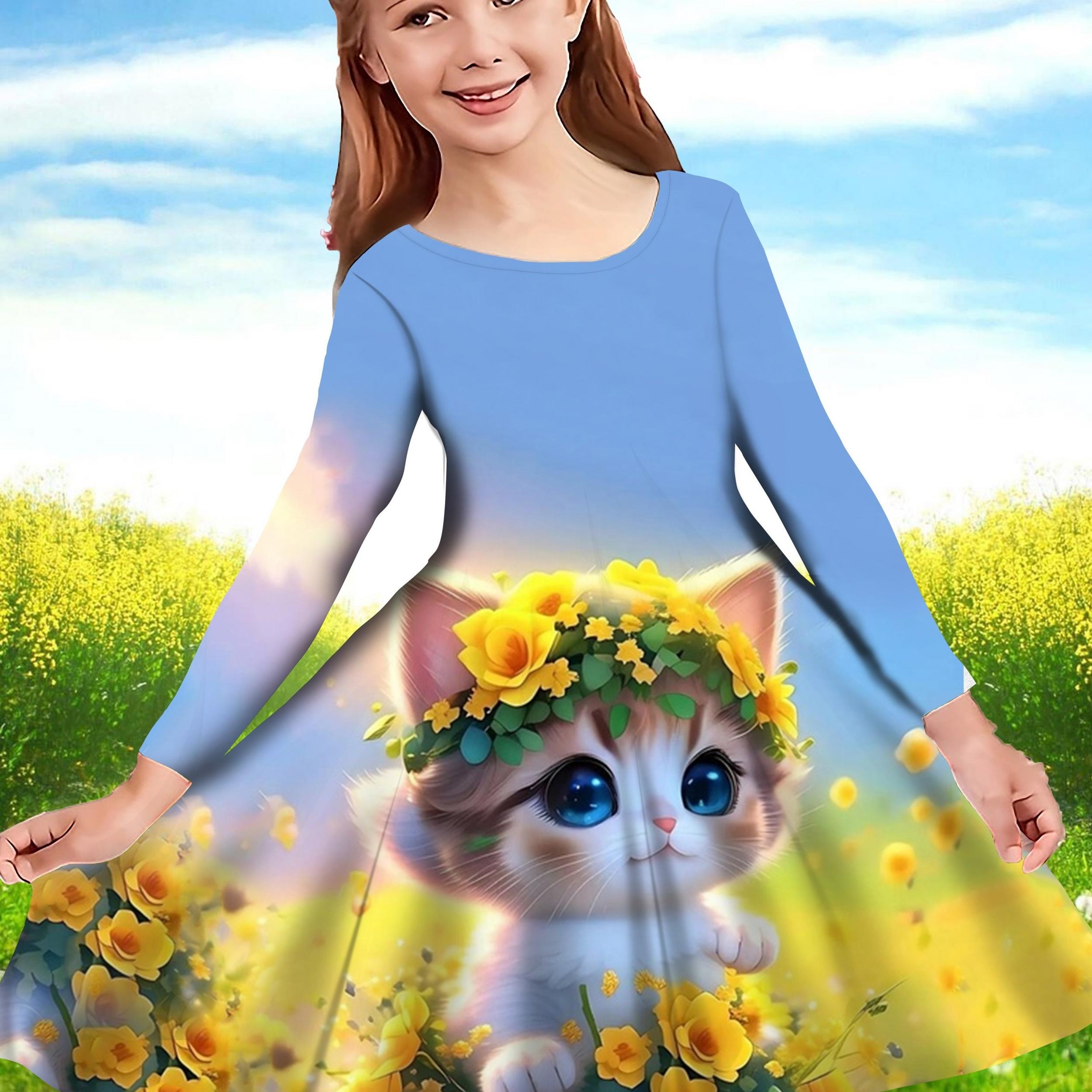 Girls Sunflower & Kitty Graphic Long Sleeve Dress Spring Fall