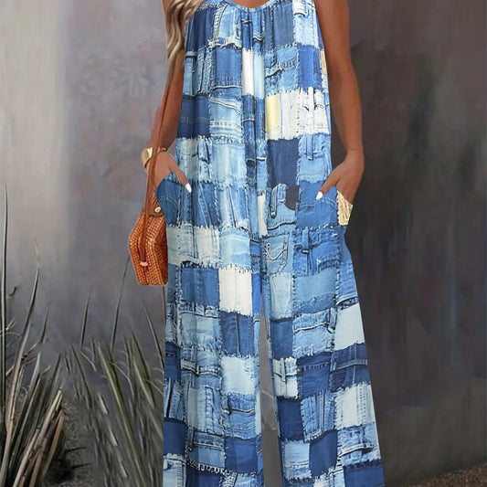 Denim Print Wide Leg Jumpsuit With Pockets