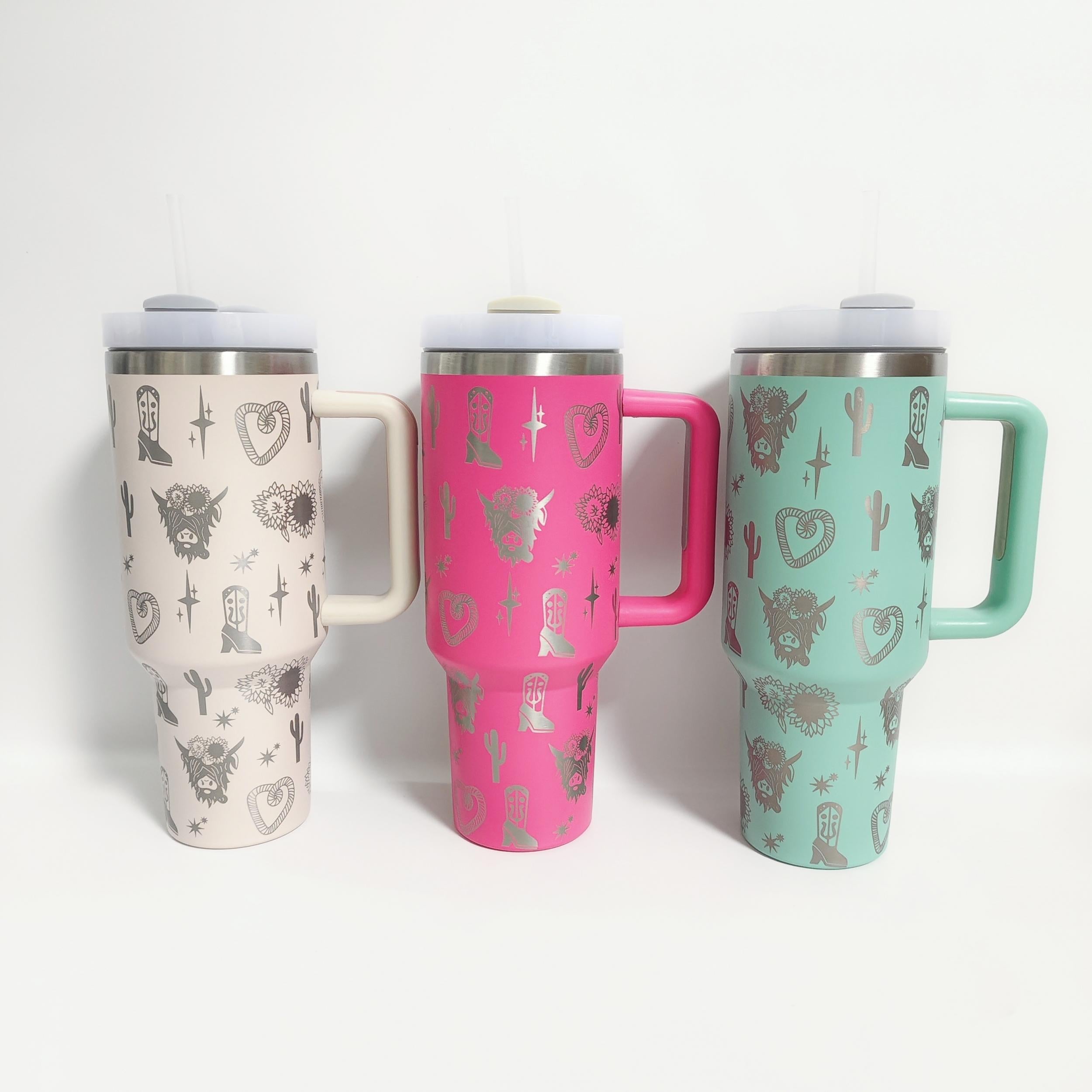 1200ml Stainless Steel Water Bottle Creative Pattern Large Capacity with Straw