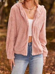 Solid Teddy Hooded Jacket Casual Zip Up Long Sleeve Outerwear