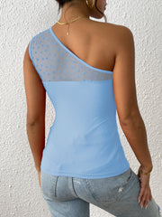 Heart Print Mesh Top One Shoulder Sexy Sleeveless Asymmetrical Top