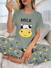 Cow Print Pajama Set Short Sleeve Crew Neck Top & Elastic Waistband Pants