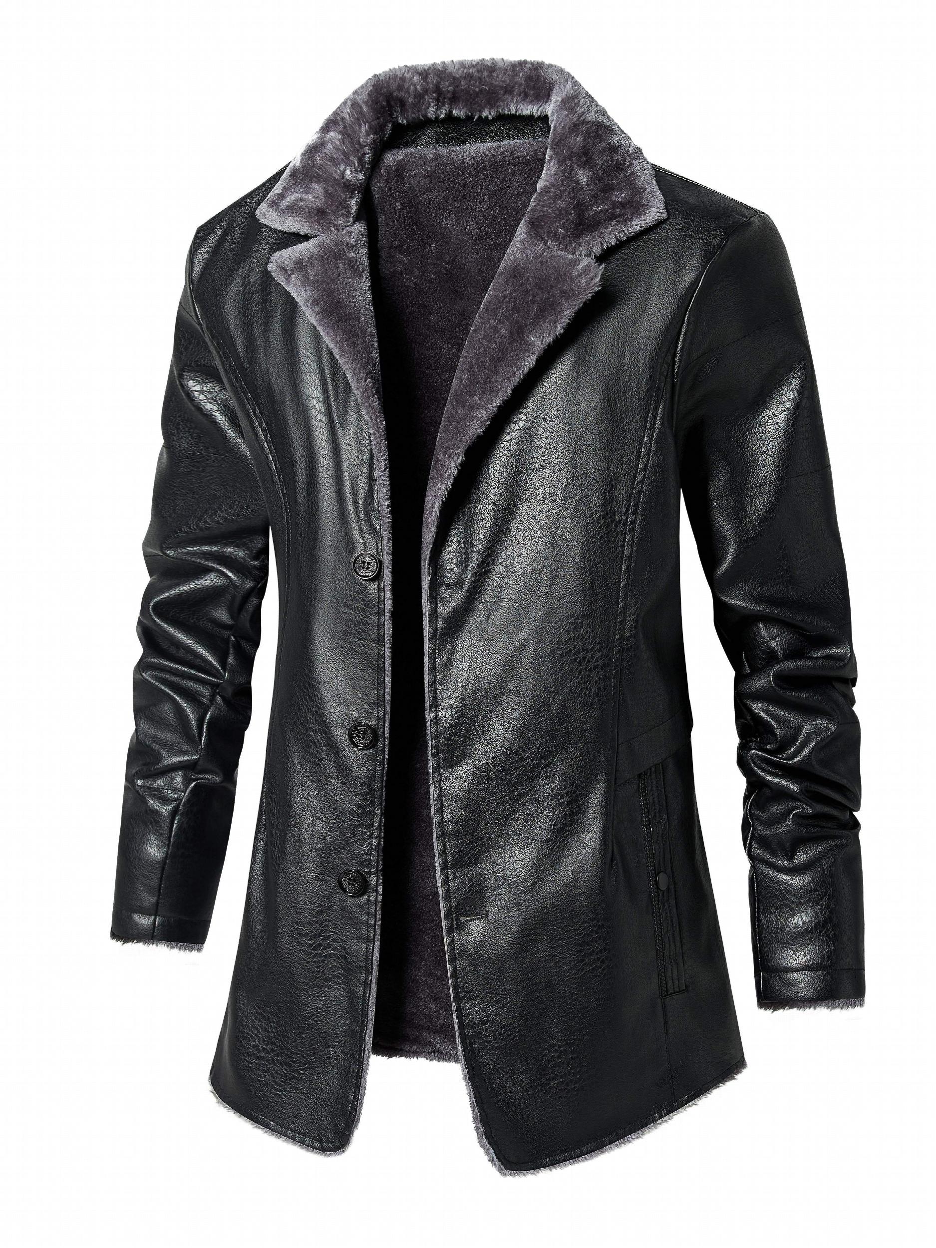 Men's Warm Fleece PU Jacket Button Up Lapel Faux Leather Overcoat