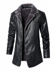Men's Warm Fleece PU Jacket Button Up Lapel Faux Leather Overcoat