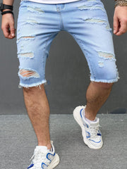 Men's Ripped Denim Shorts Casual Street Style Distressed Stretch Denim