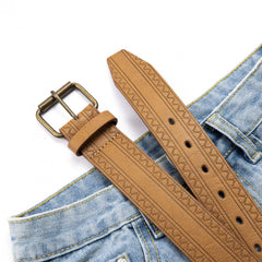 Pettata Men's PU Embossed Leather Belt with Retro Buckle for Jeans