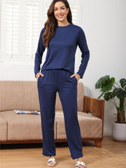 Women's Solid Pajama Set Long Sleeve Crew Neck Top & Pants