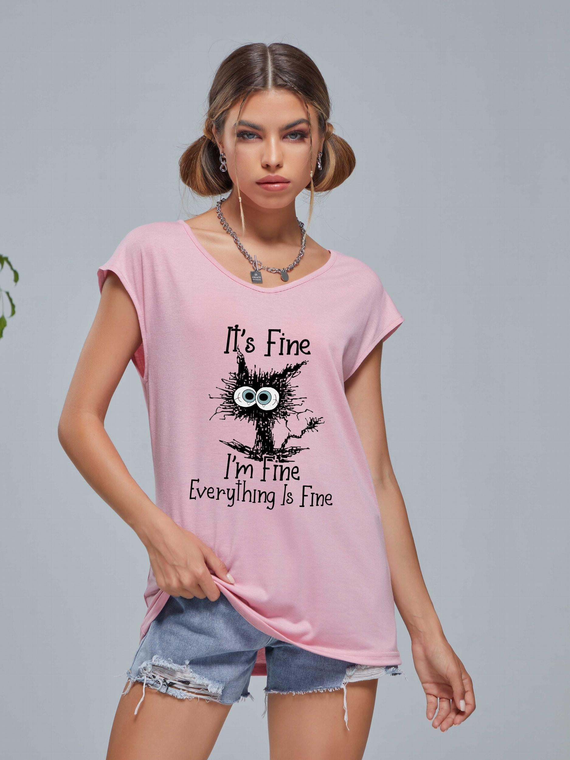 Cartoon Cat V-Neck Short Sleeve T-Shirt for Women