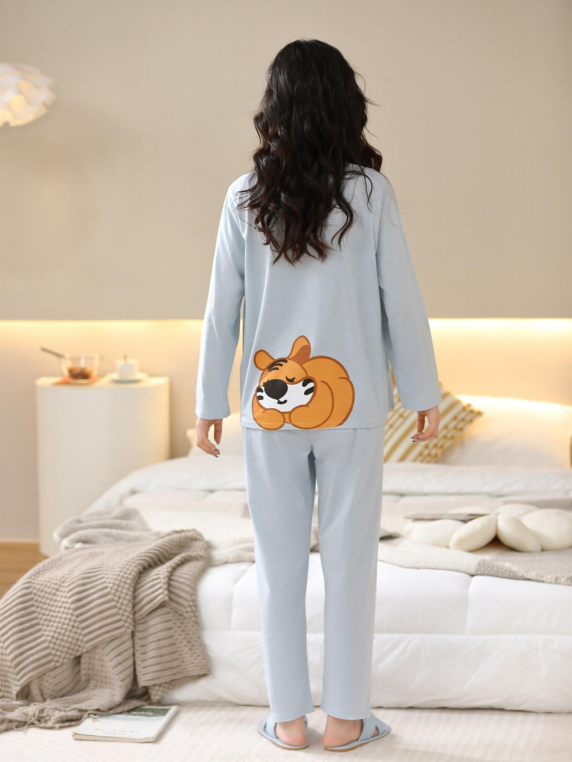 Cartoon Print Pajama Set Long Sleeve Top & Pants Women's Sleepwear