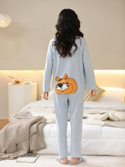 Cartoon Print Pajama Set Long Sleeve Top & Pants Women's Sleepwear