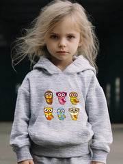 Cartoon Owls Print Hoodie & Pants Set Girl's Sporty Clothes