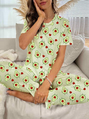 Avocado Print Pajama Set Short Sleeve Crew Neck Top & Pants Women's Sleepwear