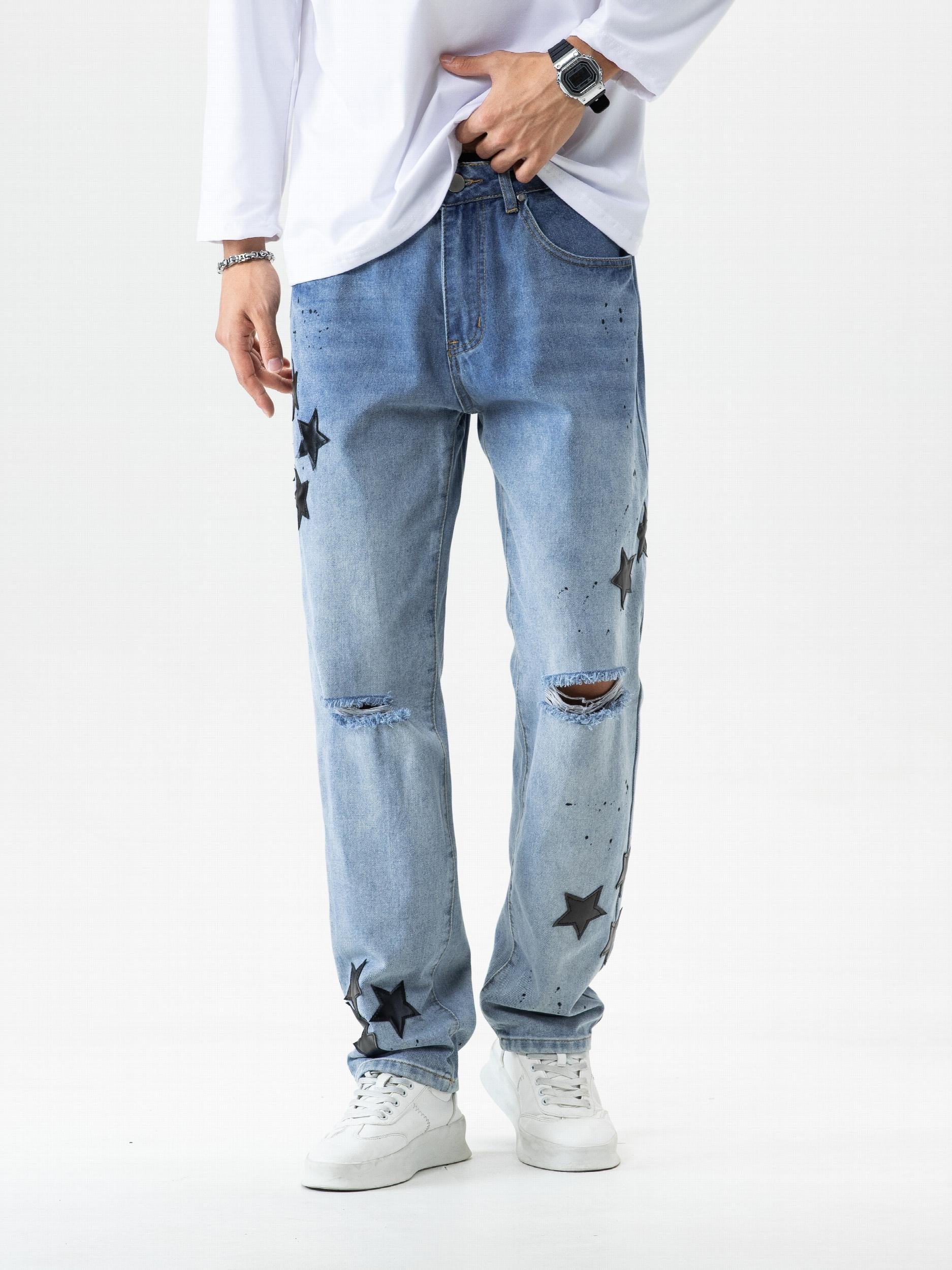 Loose Fit Distressed Denim Jeans Men's Casual Street Style